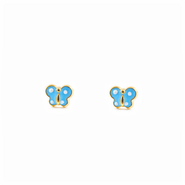 Boucles d'Oreilles Bebe Fille Enfant Émail bleu-blanc Papillon Or Jaune 9 Carats