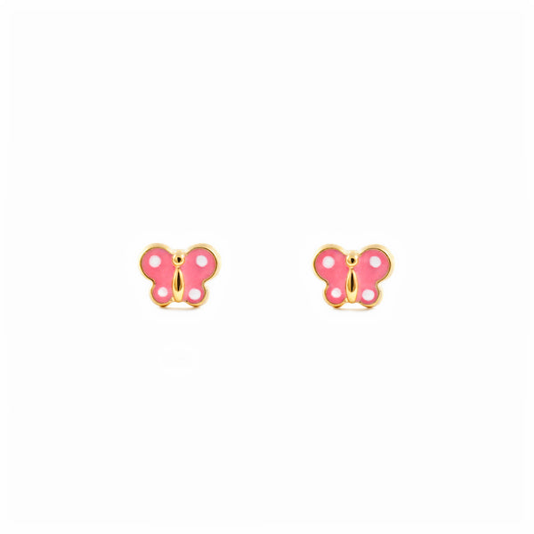 Boucles d'Oreilles Bebe Fille Enfant Émail rose-blanc Papillon Or Jaune 9 Carats