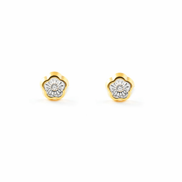 Boucles d'Oreilles Fille Enfant marguerite fleur Zircone Or Jaune 18 carats texturees