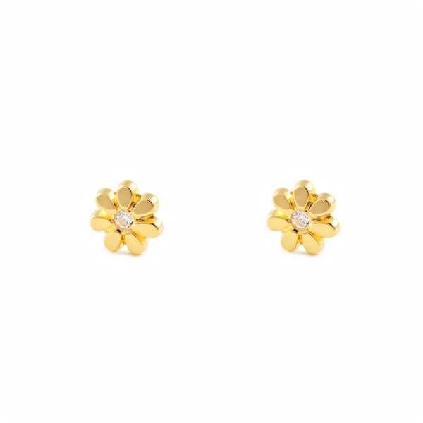 Boucles d'Oreilles Bebe Fille Enfant marguerite fleur Zircone Or Jaune 9 Carats