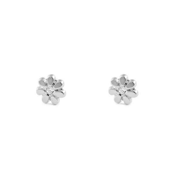 Boucles d'Oreilles Bebe Fille Enfant marguerite fleur Zircone Or Blanc 9 Carats