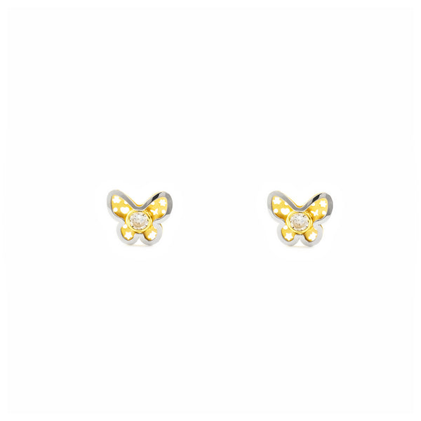 Boucles d'Oreilles Bebe Fille Enfant Papillon Zircone Or Bicolore 18 carats mates et brillantes