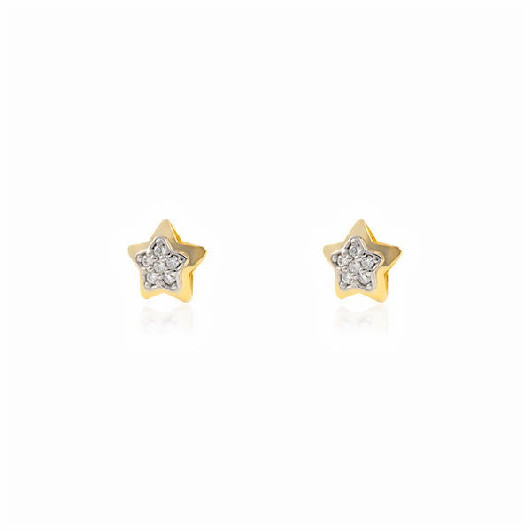 Boucles d'Oreilles Fille Enfant Étoile Zircone Or Bicolore 9 Carats