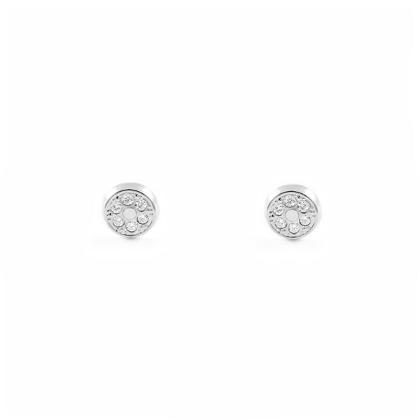 Boucles d'Oreilles Bebe Fille Enfant Ronde Zircone Or Blanc 18 Carats