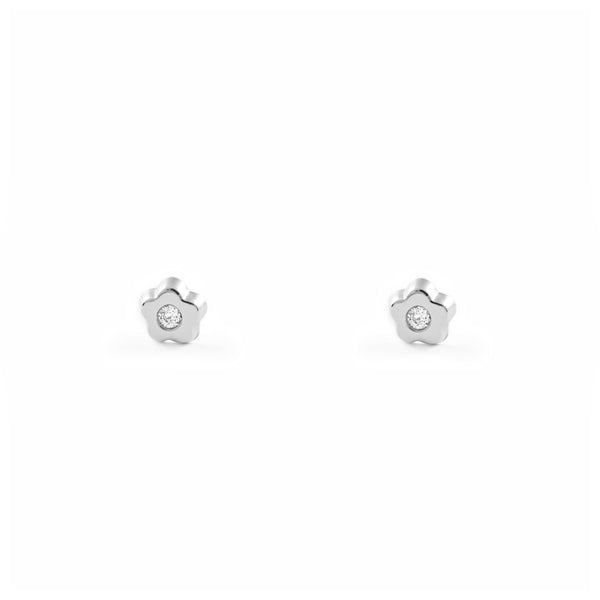 Boucles d'Oreilles Bebe Enfant marguerite fleur Zircone Or Blanc 9 Carats