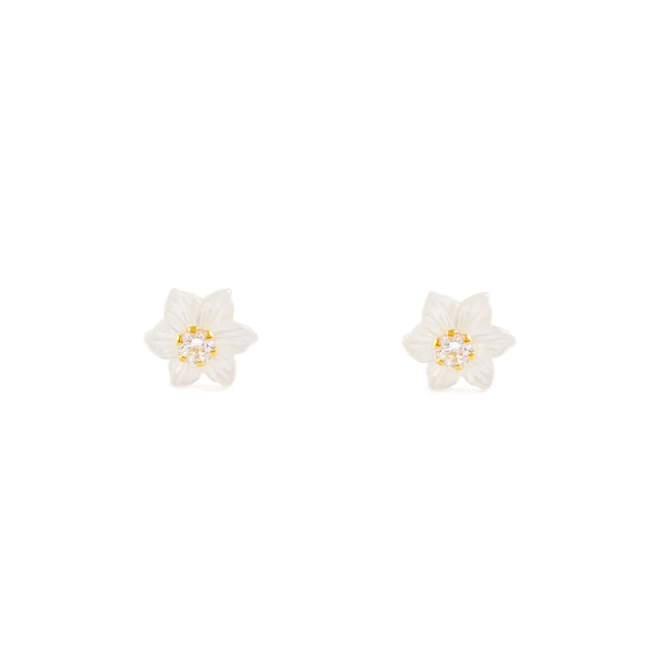 Boucles d'Oreilles Fille Enfant Nacre Fleur Zircone 2 mm Or Jaune 18 Carats