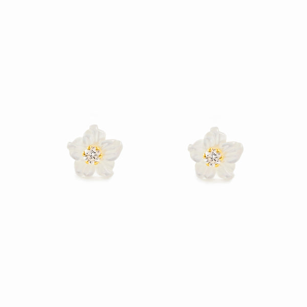 Boucles d'Oreilles Fille Enfant Nacre Fleur Zircone 2 mm Or Jaune 9 Carats