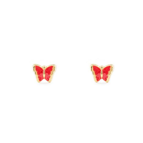 Boucles d'Oreilles Bebe Fille Enfant Émail rouge Papillon Or Jaune 9 Carats