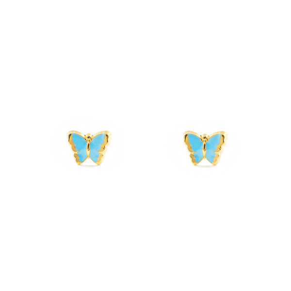 Boucles d'Oreilles Bebe Fille Enfant Émail bleu clair Papillon Or Jaune 18 Carats