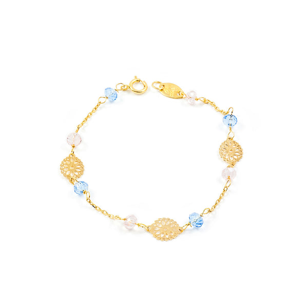 Bracelet Fille Enfant Or Jaune 18 Carats Fleurs Bleu Brillant 13 cm