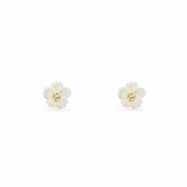 Boucles d'Oreilles Fille Enfant Nacre Fleur Zircone 2 mm Or Jaune 9 Carats