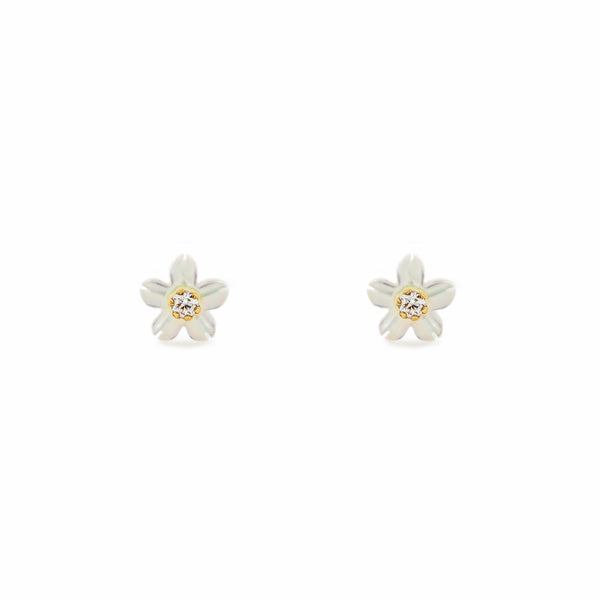 Boucles d'Oreilles Fille Enfant Nacre Fleur Zircone 2 mm Or Jaune 18 Carats