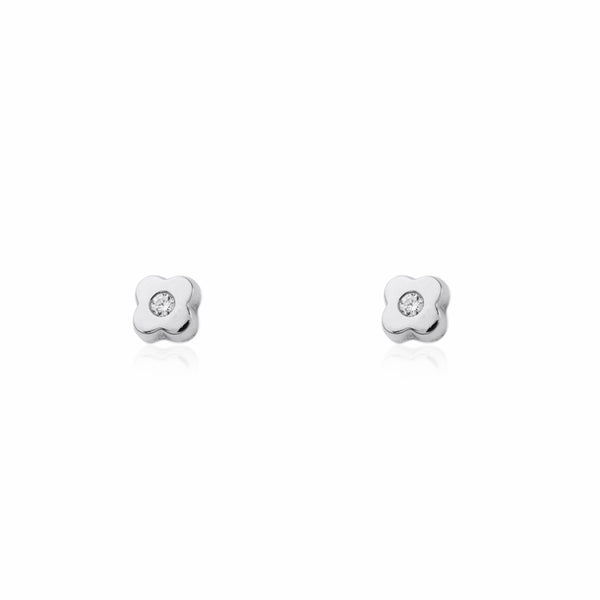 Boucles d'Oreilles Bebe Enfant Trèfle Zircone Or Blanc 9 Carats