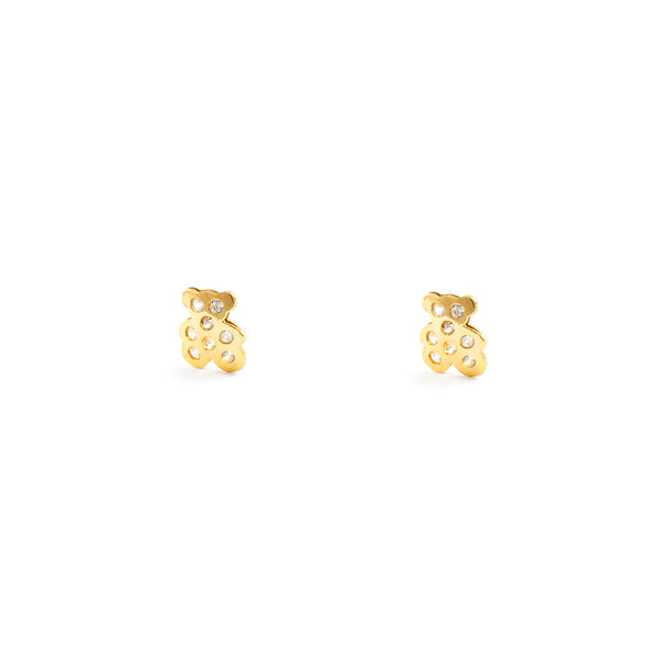 Boucles d'Oreilles Bebe Fille Enfant Ours Zircone Or Jaune 18 Carats