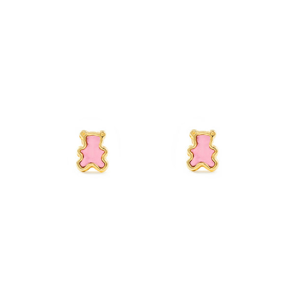 Boucles d'Oreilles Fille Enfant Émail rose Ours Or Jaune 9 Carats