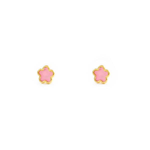 Boucles d'Oreilles Fille Enfant Émail rose marguerite fleur Or Jaune 9 Carats