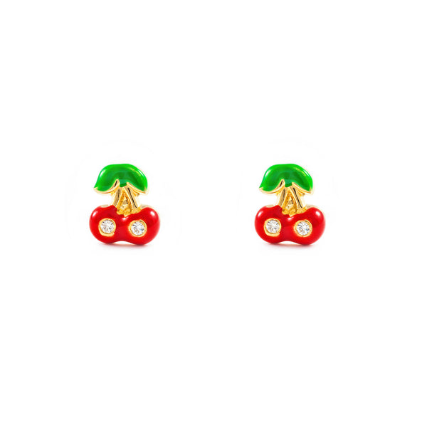 Boucles d'Oreilles Fille Enfant Émail rouge-vert Cerises Zircone Or Jaune 18 Carats