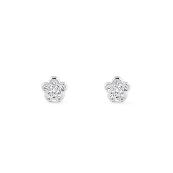 Boucles d'Oreilles Fille Enfant Fleur Zircone Or Blanc 18 Carats