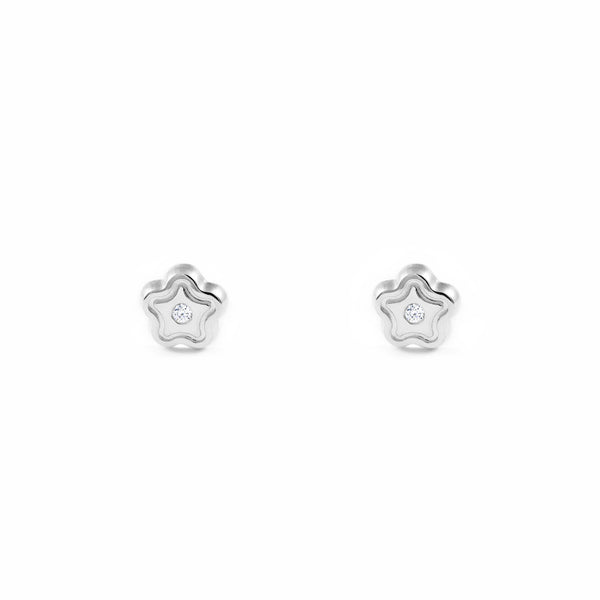 Boucles d'Oreilles Bebe Fille Enfant marguerite fleur Zircone Or Blanc 9 Carats