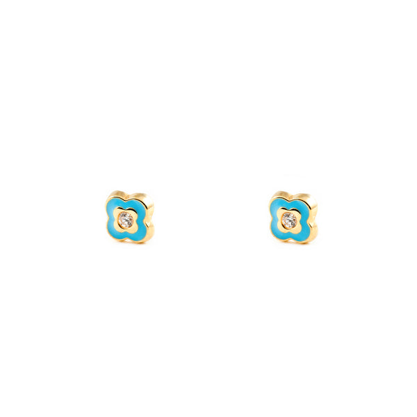 Boucles d'Oreilles Fille Enfant Émail bleu Trèfle Zircone Or Jaune 9 Carats