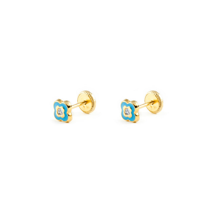 Pendientes bebe o Niña Flor Esmaltada Azul (9kts)