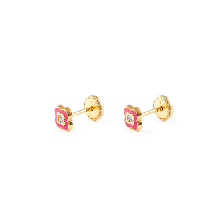 Pendientes bebe o Niña Flor Esmaltada Rosa (9kts)