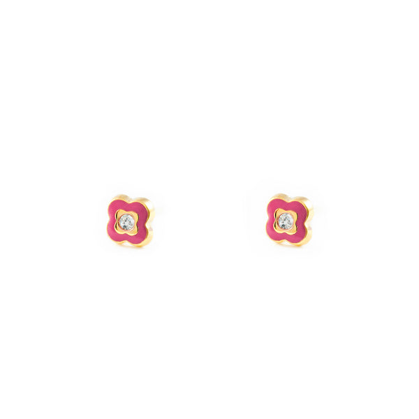 Boucles d'Oreilles Fille Enfant Émail rose Trèfle Zircone Or Jaune 9 Carats