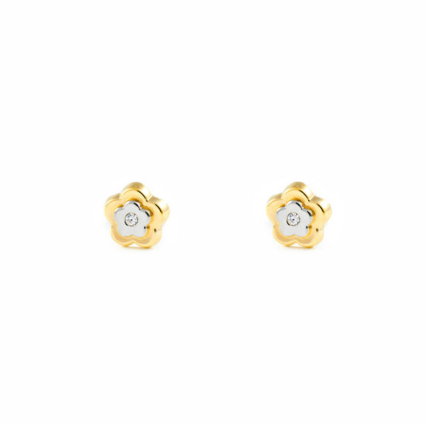 Boucles d'Oreilles Fille Enfant marguerite fleur Zircone Or Bicolore 9 Carats