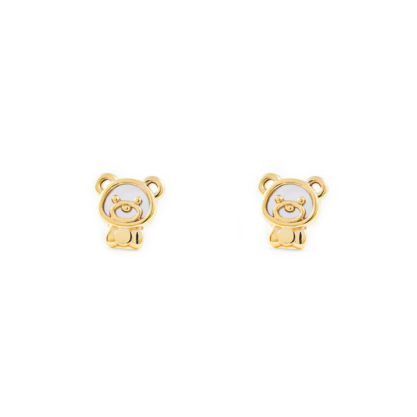 Boucles d'Oreilles Fille Enfant Nacre Ours Or Jaune 9 Carats