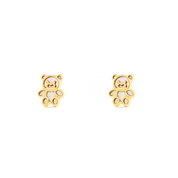 Boucles d'Oreilles Fille Enfant Nacre Ours Or Jaune 9 Carats