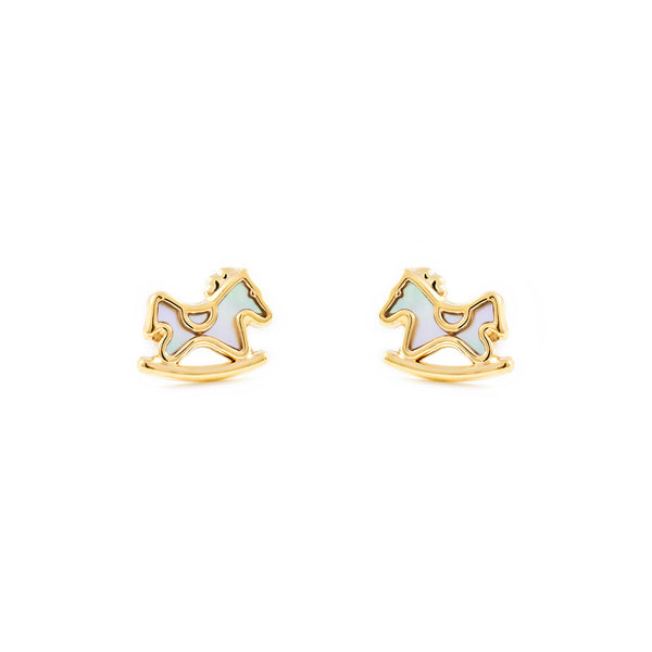 Boucles d'Oreilles Fille Enfant Nacre Cheval Or Jaune 9 Carats