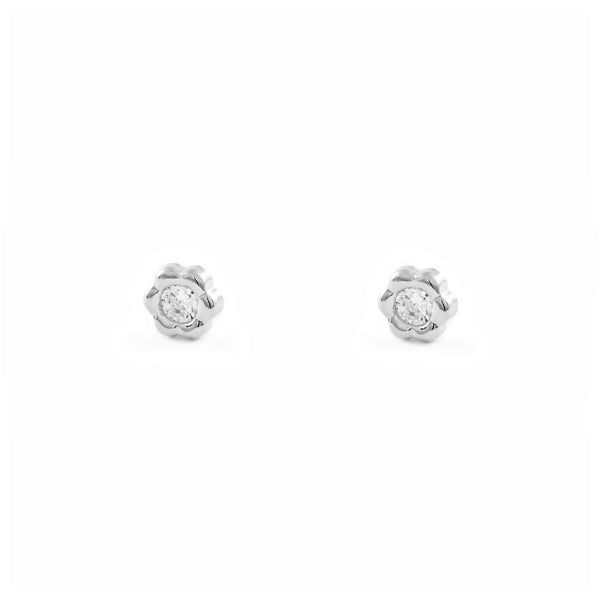 Boucles d'Oreilles Fille Enfant marguerite fleur Zircone Or Blanc 18 Carats