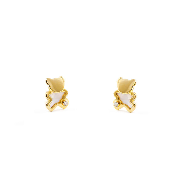 Boucles d'Oreilles Fille Enfant Nacre Ours Zircone Or Jaune 9 Carats