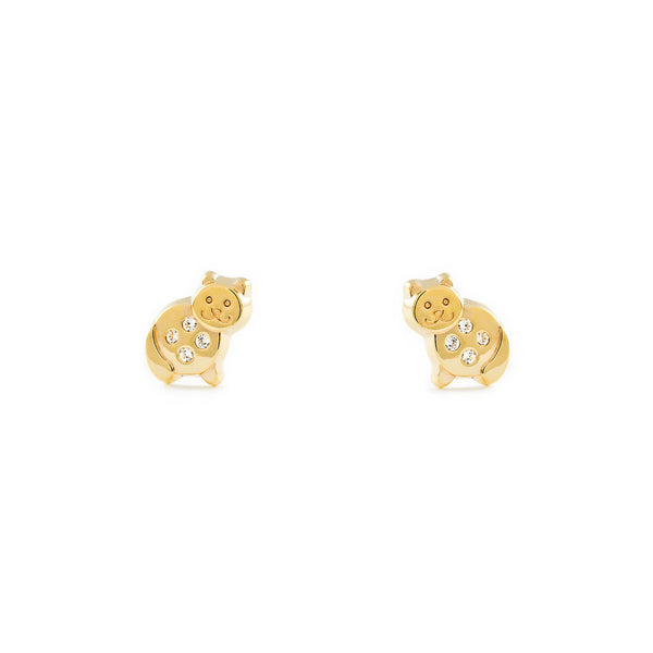 Boucles d'Oreilles Fille Enfant Chat Zircone Or Jaune 9 Carats