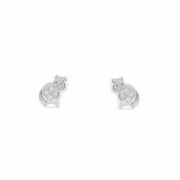 Boucles d'Oreilles Fille Enfant Chat Zircone Or Blanc 9 Carats