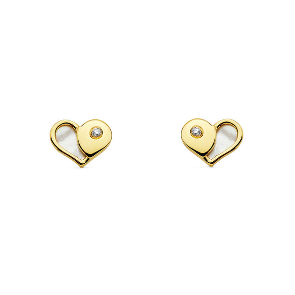 Boucles d'Oreilles Fille Enfant Nacre Cœur Zircone Or Jaune 9 Carats