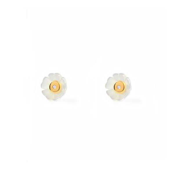 Boucles d'Oreilles Fille Enfant Nacre Fleur Zircone Or Jaune 9 Carats