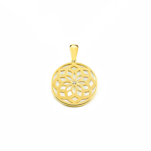 Pendentif Nacre Ronde Zircone Or Jaune 9 Carats brillant